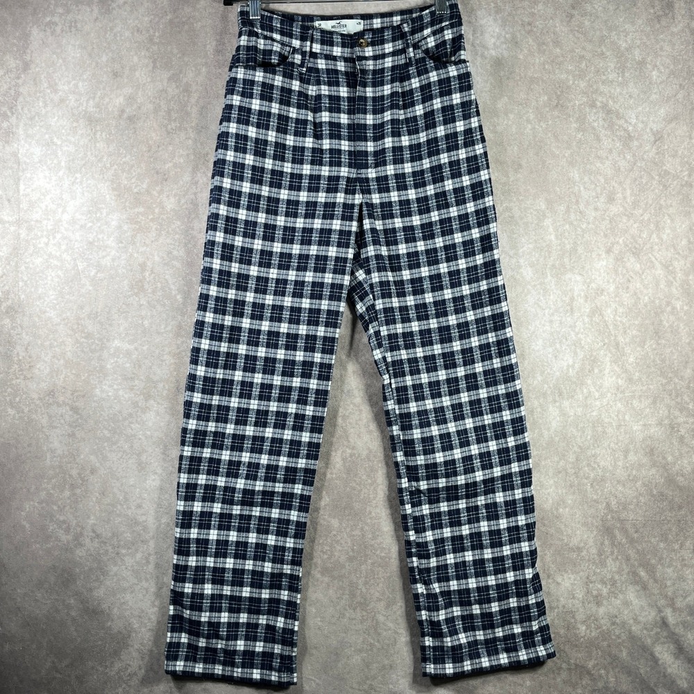 Hollister Pant Womens Size 3R/26 Blue White Plaid Ultra High Rise Academia Geek